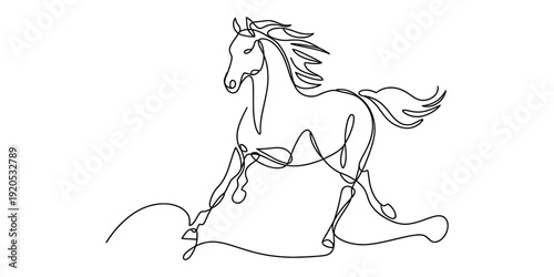 Continuous line drawing of a majestic horse galloping freely across an open field.