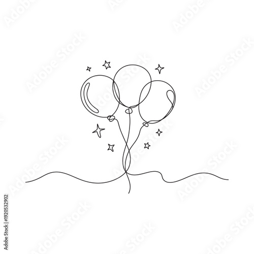Minimalist line drawing of three balloons and scattered stars