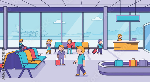 Airport terminal waiting area with travelers and luggage.