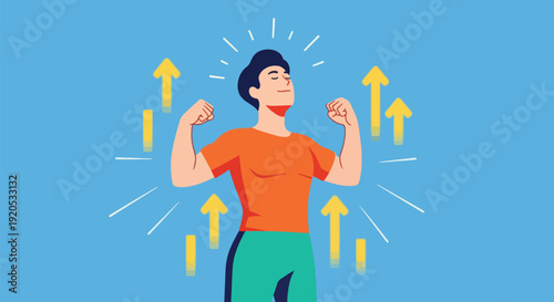 Man Celebrating Success with Rising Arrows.