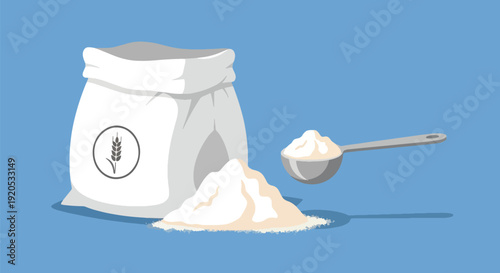 White powder in sack and spoon on blue background.