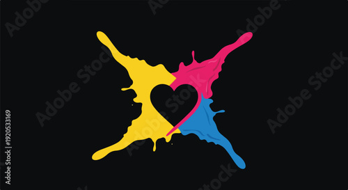 Vibrant pansexual pride flag colors in artistic paint splatters forming an X shape with a heart cutout, symbolizing love and diversity on a black background.