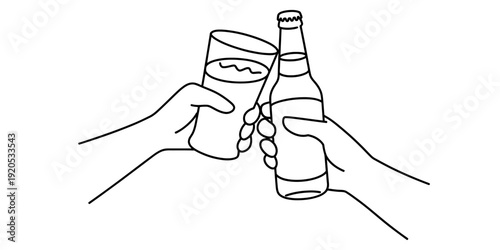A simple line drawing of two hands clinking a glass and a bottle of beer in a celebratory toast.