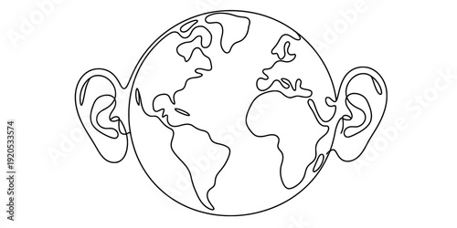Conceptual line drawing of the planet earth with human ears on both sides representing global listening.