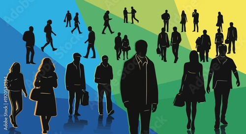 Diverse Group of People Silhouettes Walking Together.