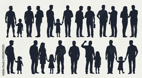 Diverse group of people silhouettes standing together in various poses.