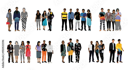 Diverse group of people standing together in casual and formal attire.