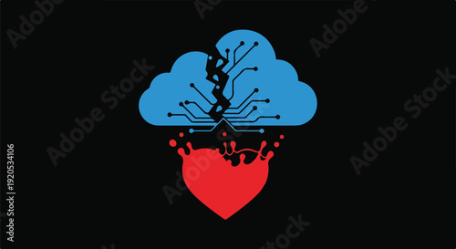 Broken digital cloud with circuit board pattern connected to a bleeding heart on black background