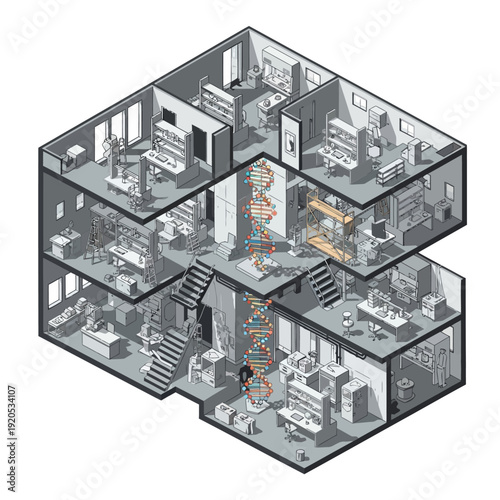 Isometric illustration of a multi-story office building with various workspaces and a central staircase.