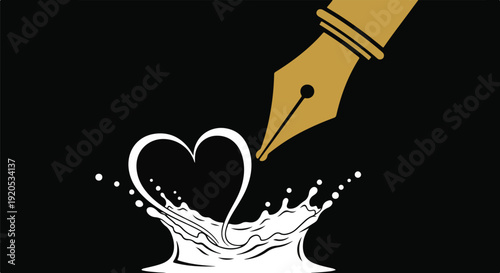 Golden fountain pen creating a white heart shape from a splash of liquid on a black background