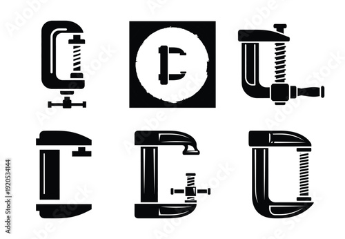 A set of  constriction tools and wood clamp icons