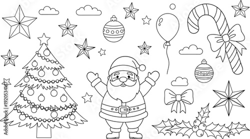 Cute Christmas and holiday vector line-art set with Santa Claus, decorated tree, and festive stars for coloring.