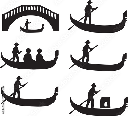 Venetian gondola silhouette vector illustrations with gondoliers representing Italy culture tourism travel and traditional boat design