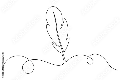 Minimalist bird feather continuous one line drawing. Elegant black line art illustration on a clean white background for modern aesthetic design projects.