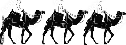 Camel Riding Silhouette Collection with Man Traveler Desert Transport Animal Black Vector Illustration Set