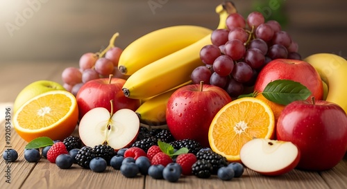 Assortment of Vibrant Fruits Displayed on a Rustic Wooden Surface