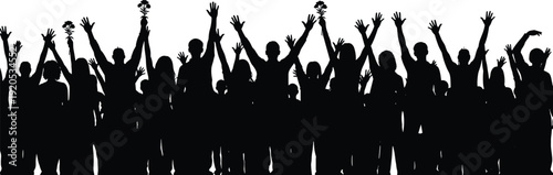 Cheering Crowd Silhouette with Raised Hands and Flowers Celebration Unity Vector Illustration