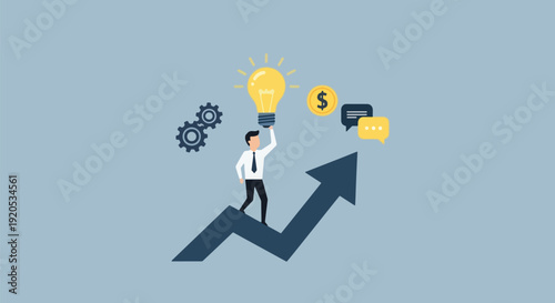 Businessman with lightbulb idea rising up graph with money.