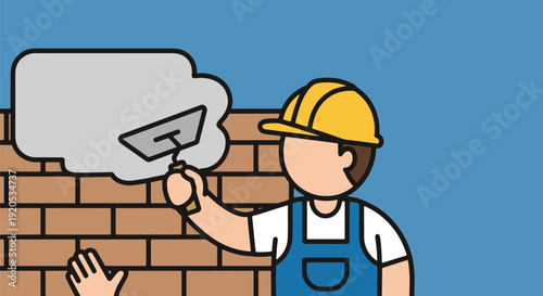 Builder applying mortar to brick wall.