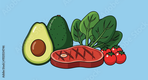 Healthy food steak avocado spinach tomatoes.