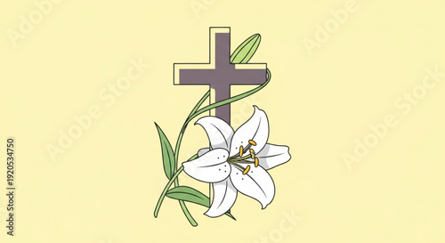 Easter cross with white lily flower on pale yellow background symbolizing hope and renewal