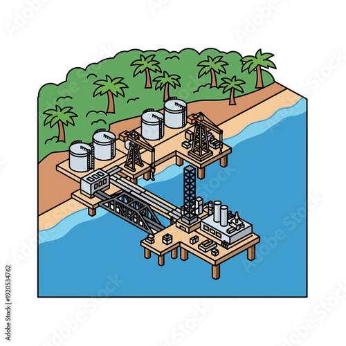 Offshore oil rig platform in the ocean with storage tanks and equipment.