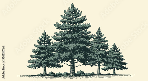 Group of Evergreen Pine Trees in a Forest Setting.