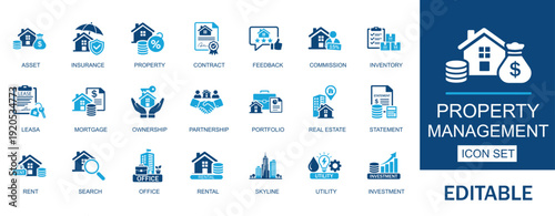 Property Management and Real Estate icon set. featuring mortgage, apartment, rent, building, residential, lease, realtor and Smart Home. Solid vector icons for real estate.