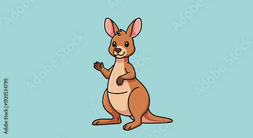 Kangaroo Cartoon Character Waving on Blue Background.
