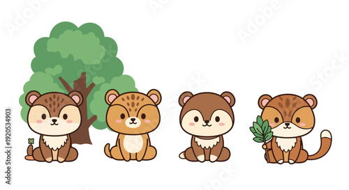 Four cute cartoon chipmunks sitting together with a tree behind them.