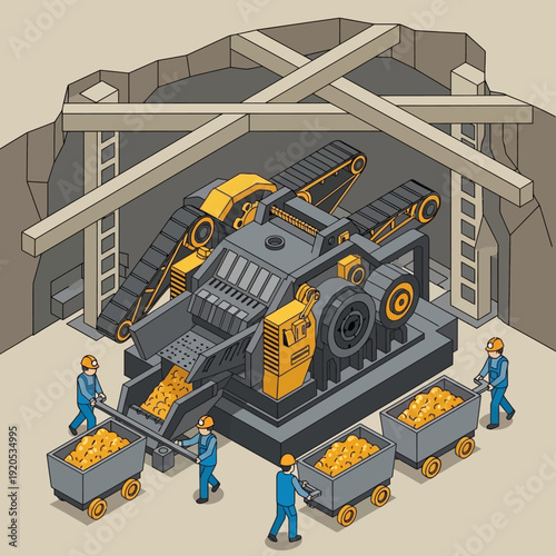 Underground Mining Operation with Heavy Machinery and Workers.