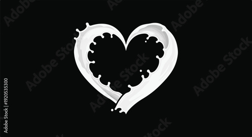 Dynamic white milk splash forming a perfect heart shape against a deep black background, symbolizing love, purity, health, and dairy goodness.