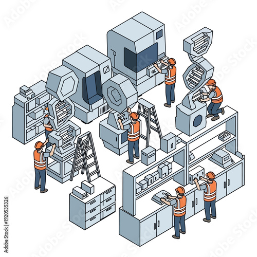 Industrial workers in orange vests maintaining complex machinery in a factory setting.