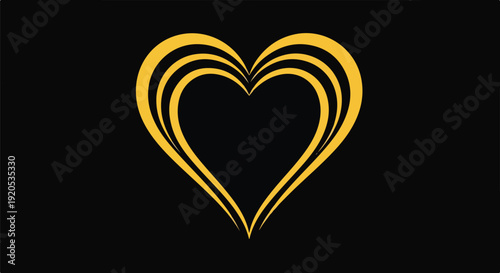 Elegant golden heart outline with shimmering concentric lines on a sleek black background, symbolizing love, luxury, passion, and romance in a modern, stylized design.