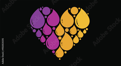 Heart shape made of colorful droplets, abstract design, symbolizing love, health, and passion on black background