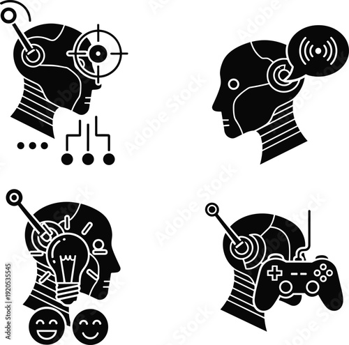 Artificial intelligence heads, robotic design, target eye, sound recognition, creative light bulb, emotional interaction, gaming controller, AI entertainment, machine learning, digital technology