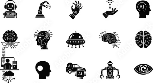 Artificial intelligence icons, humanoid robot, robotic arm, robotic hand, wireless signal, AI head, brain circuits, microchip design, autonomous vehicle, digital technology