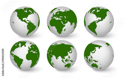 3D Earth Globe Vector Collection with Asia Europe Africa Americas and Australia, Green World Map Design