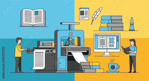 Modern printing press in action with people working