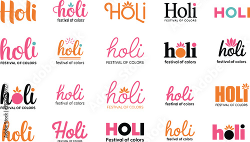 Colorful Holi Festival of Colors Logo Set with Creative Typography Floral Elements and Vibrant Icons for Indian Spring Celebration Cultural Event Branding Vector