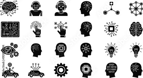 Artificial intelligence icons, neural network brain, robotics head, human cognition, machine learning, computer vision, autonomous vehicle, microchip processor, innovation light bulb, binary code