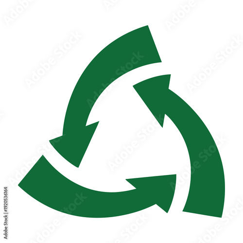 Green recycling symbol with three arrows in a circular motion icon
