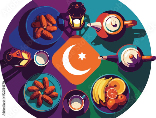 Ramadan iftar dinner with dates fruit tea and lanterns top view