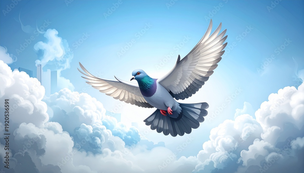 Obraz premium Majestic pigeon soaring through fluffy white clouds in bright blue sky