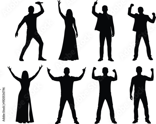 Silhouettes of people performing expressive poses, microphone stage presence, dynamic gestures, artistic posture illustration, creative entertainment design, live performance art
