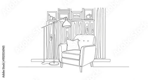 Cozy armchair with pillows and floor lamp in a room.