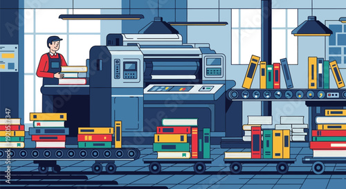 Modern book printing factory with worker operating large press machine