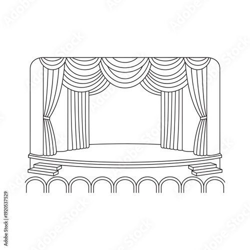 Simple line drawing of a stage with draped curtains and steps