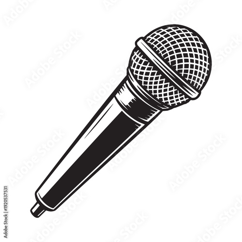 Black and white illustration of a vintage style microphone on a white background