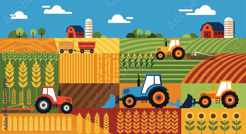 Vibrant farm scene with tractors working in fields and barns under blue sky